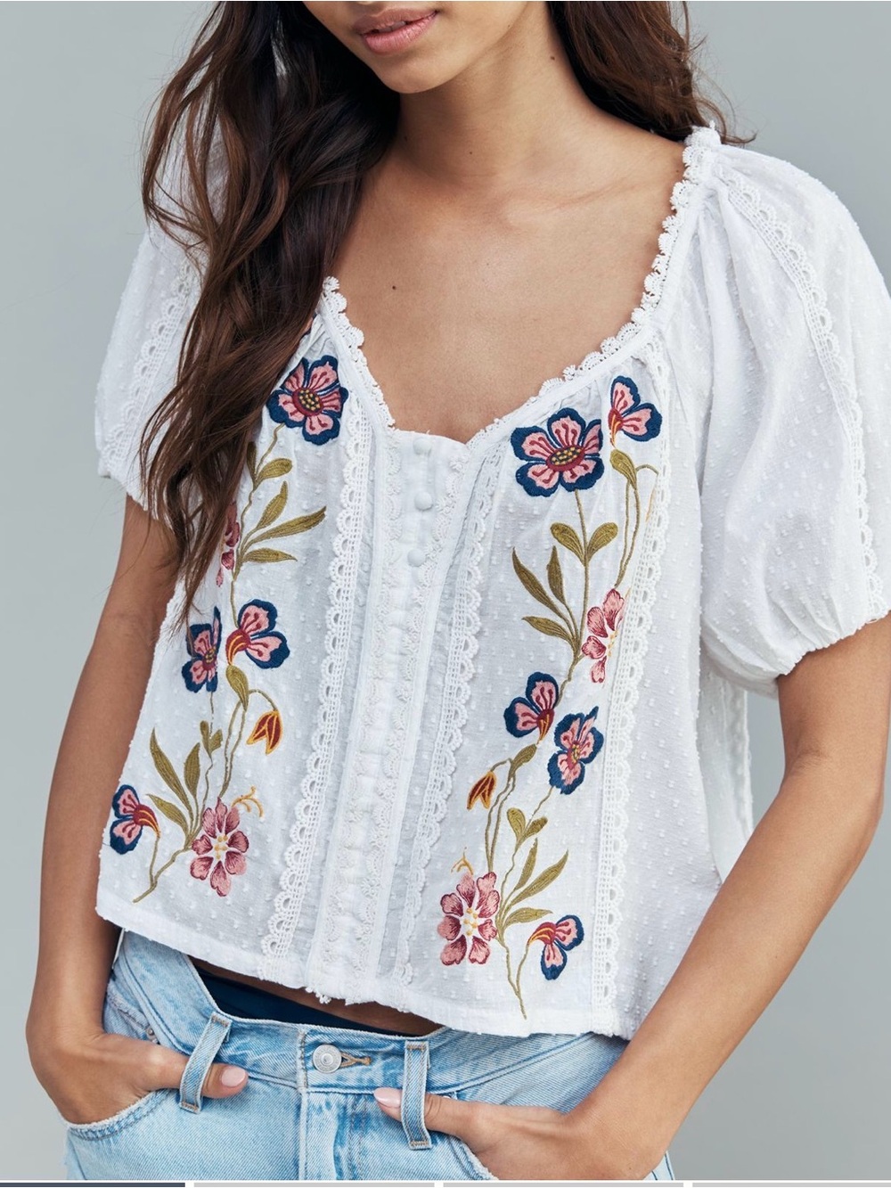 Anthropologie White Peasant Blouse with Multicolor Floral Embroidery